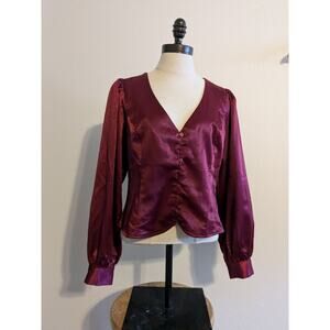 All in favor maroon‎ satin long sleeve blouse size M
